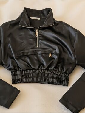 Black Cropped Half-Zip Satin Pullover